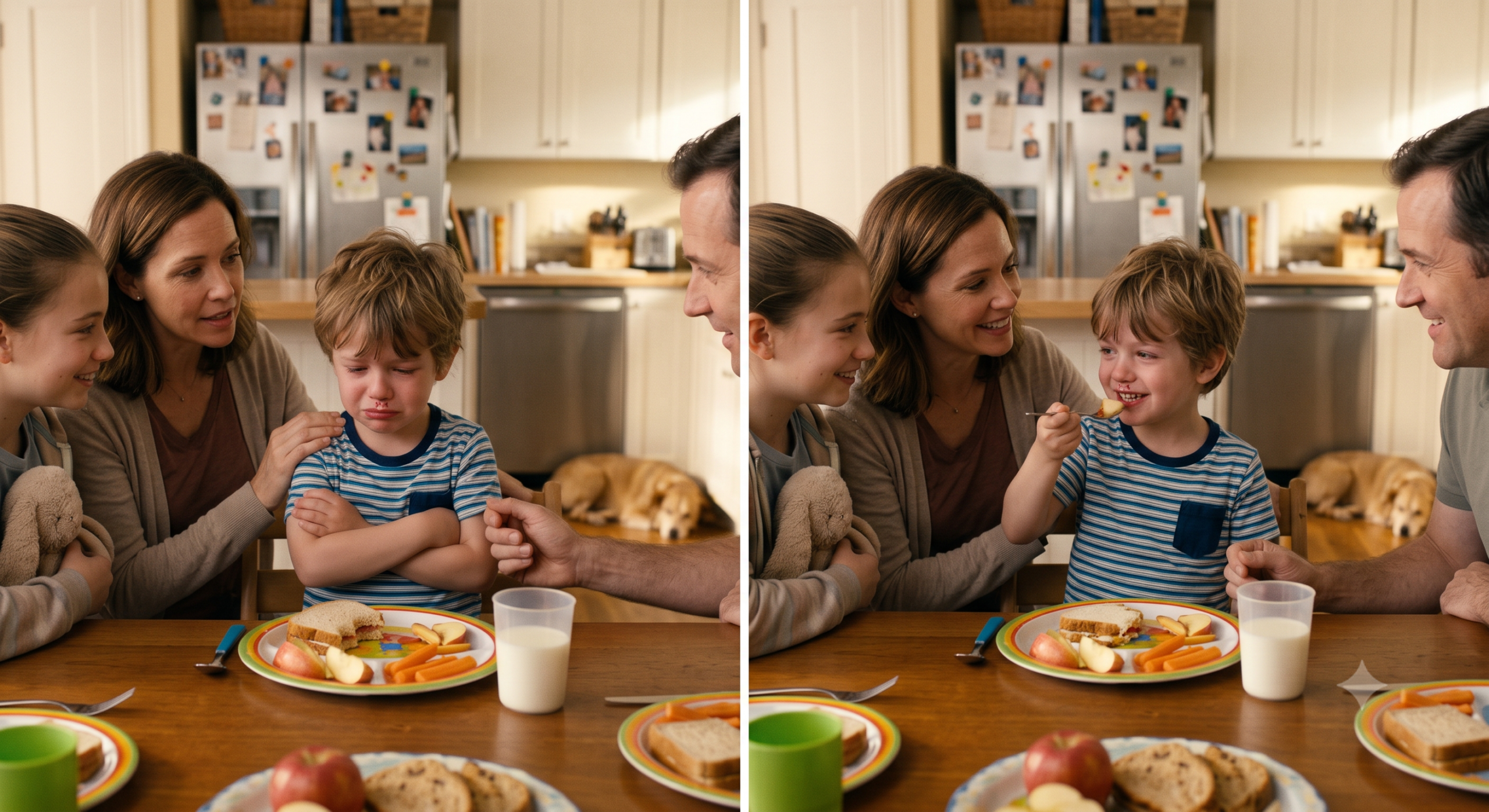 A worried little boy with a small lip injury being comforted by his parents at home.