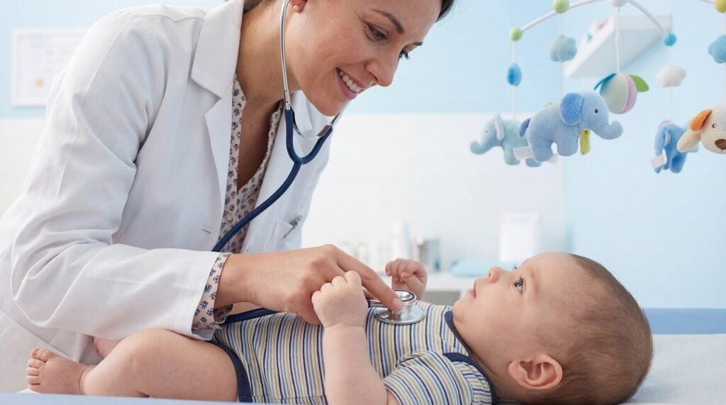 baby, pediatrician, doctor, medical, healthcare, checkup, infant, examination, clinic clinic, health, medicine, stethoscope, nursing, professional, newborn, childhood, care, wellness, physician, hospital, treatment treatment, safety, development, specialist specialist, ai generated
