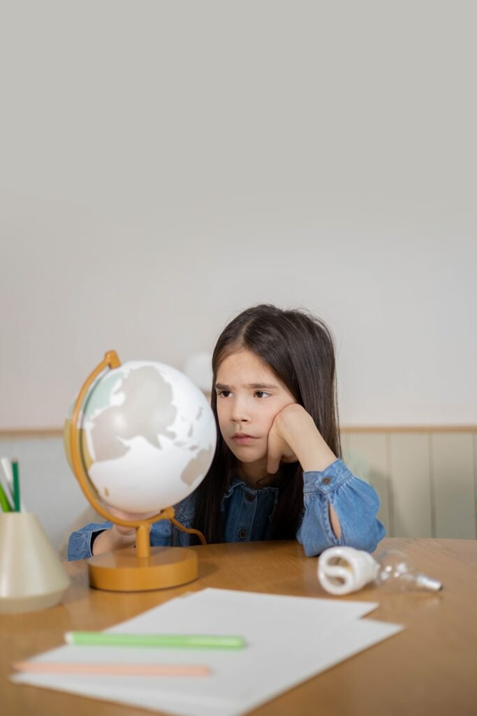 pexels-photo-6991096-6991096 A young girl lost in thought while observing a globe at a classroom desk.